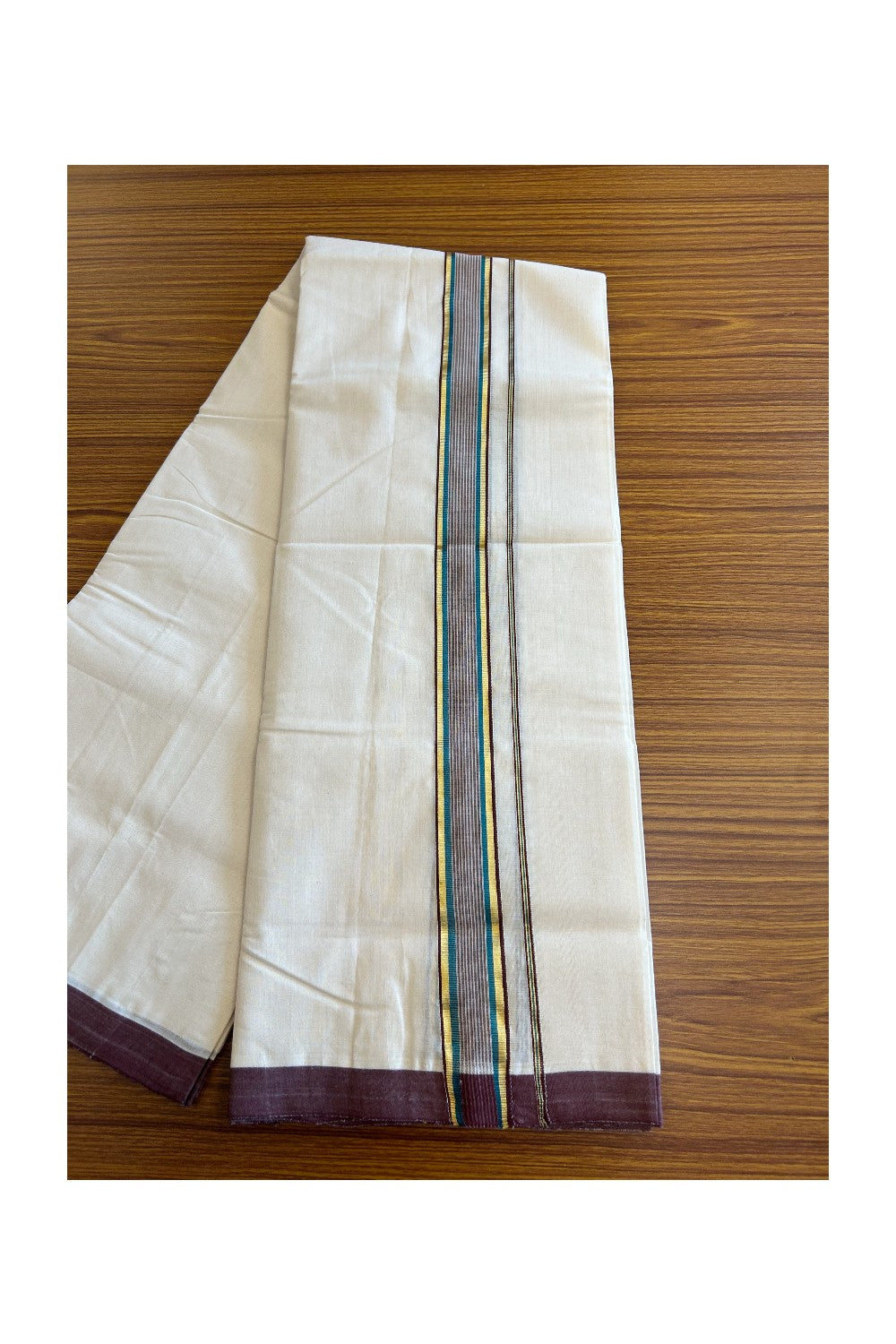 19% Discount !! KaithariKada HANDLOOM UNAKKUPAAV Balaramapuram - 100% PURE Cotton OFF White (Unbleached) Double Mundu/Dothi - 2.25 Inch Brown Peacock Blue & Kasavu Striped Kara - 6KK5082RAM