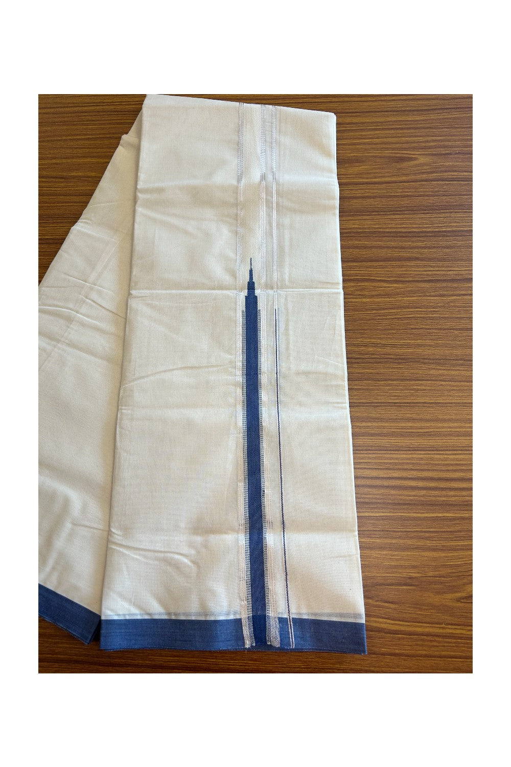 19% Discount !! KaithariKada Balaramapuram 100% Cotton Double Off White - (Unbleached) Mundu/Dhoti-100x100 1.5 inch Heavy Chutty Silver Kasavu & Blue Striped kara - 6KK5088ASH