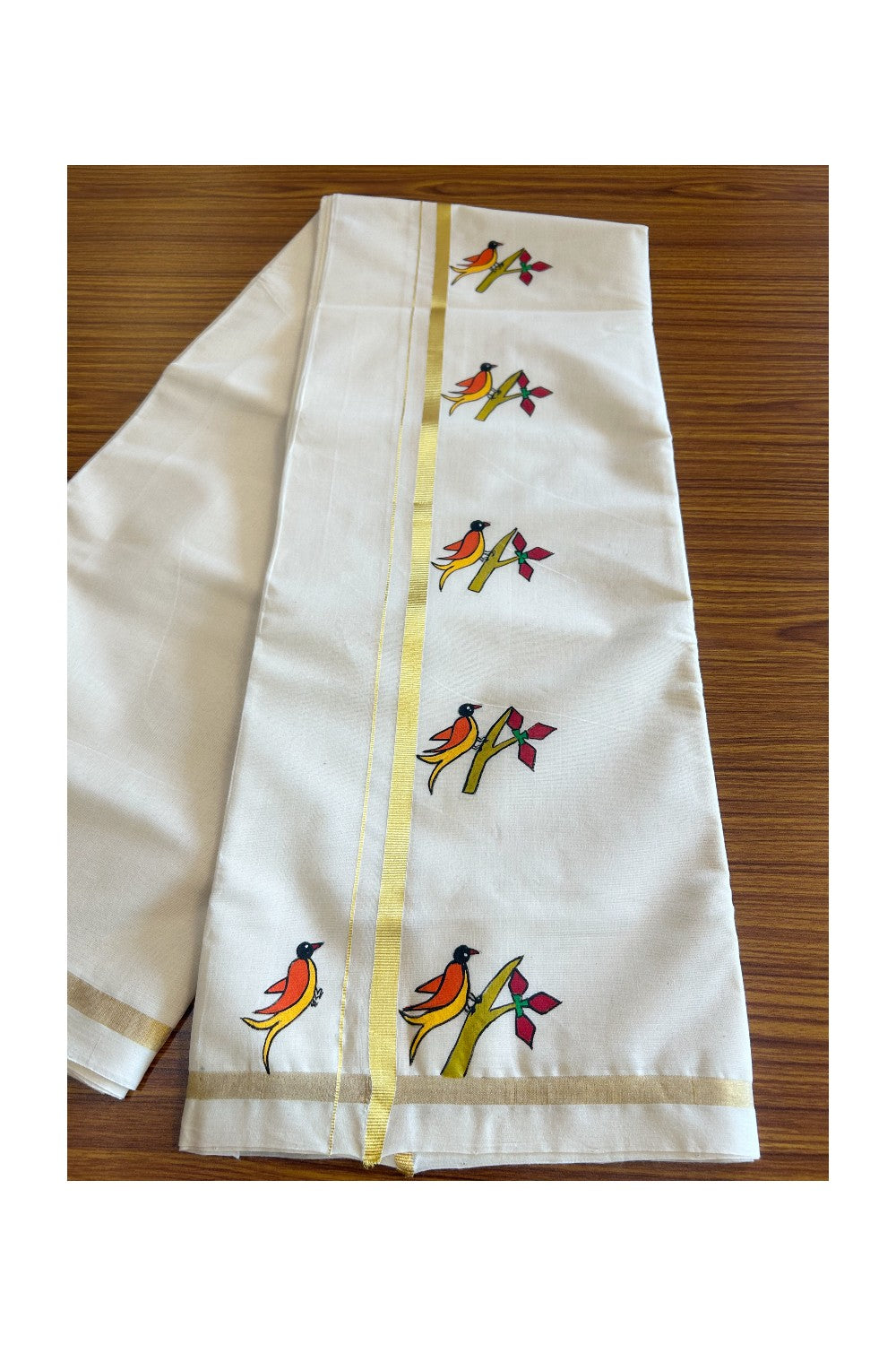 KaithariKada HANDLOOM Millpaav Balaramapuram - 100% PURE Cotton OFF White - (Unbleached) Double Mundu/Dothi - 1 Inch Kasavu kara Hand Painted Bird Design - 6KK5091RAM