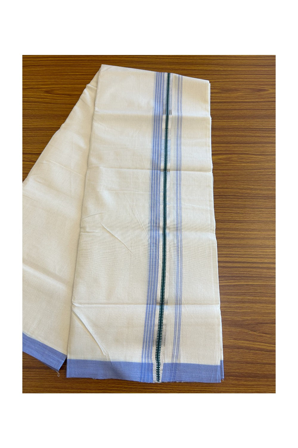 19% Discount! KaithariKada HANDLOOM UNAKKUPAAV Balaramapuram - 100% Cotton Double OFF White (Unbleached) - Mundu/Dhoti - 100x100 2.25 inch Lavendar & Green Silver kasavu Stripes Kara - 6KK5096YAR