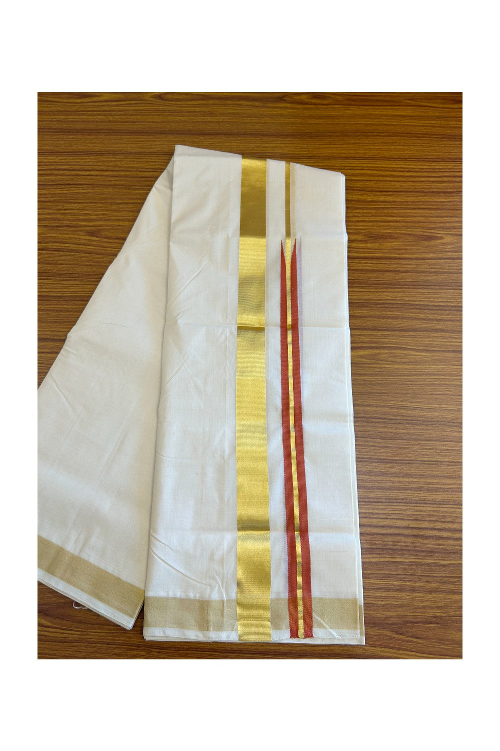 30% DISCOUNT ! KaithariKada HANDLOOM Unakkupaav Balaramapuram - 100% PURE Cotton Off White - (Unbleached) Double Mundu/Dhoti - 100x100  1.5 Inch Kasavu Brick Red long Chutty - 6KK5097ABH