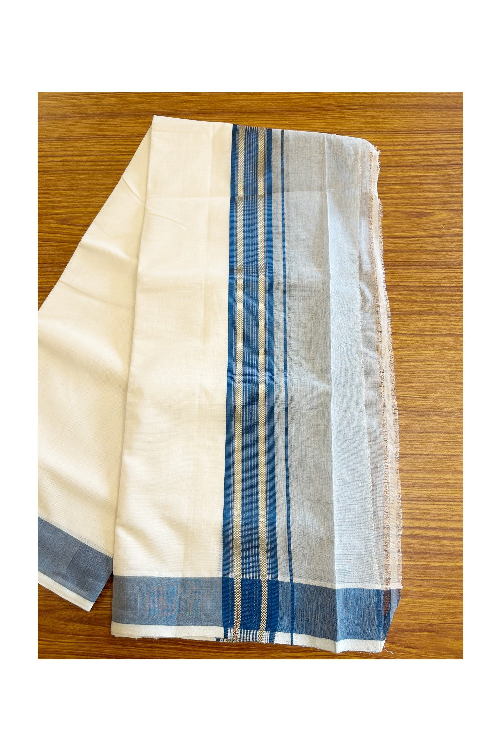 30% DISCOUNT! KaithariKada HANDLOOM Millpaav Balaramapuram - 100% PURE Cotton Off White (Unbleached) - Double Mundu/Dhoti - 6.75 inch Gold Kasavu Striped & Blue Half Tissue Kara- 6KK5105RAM