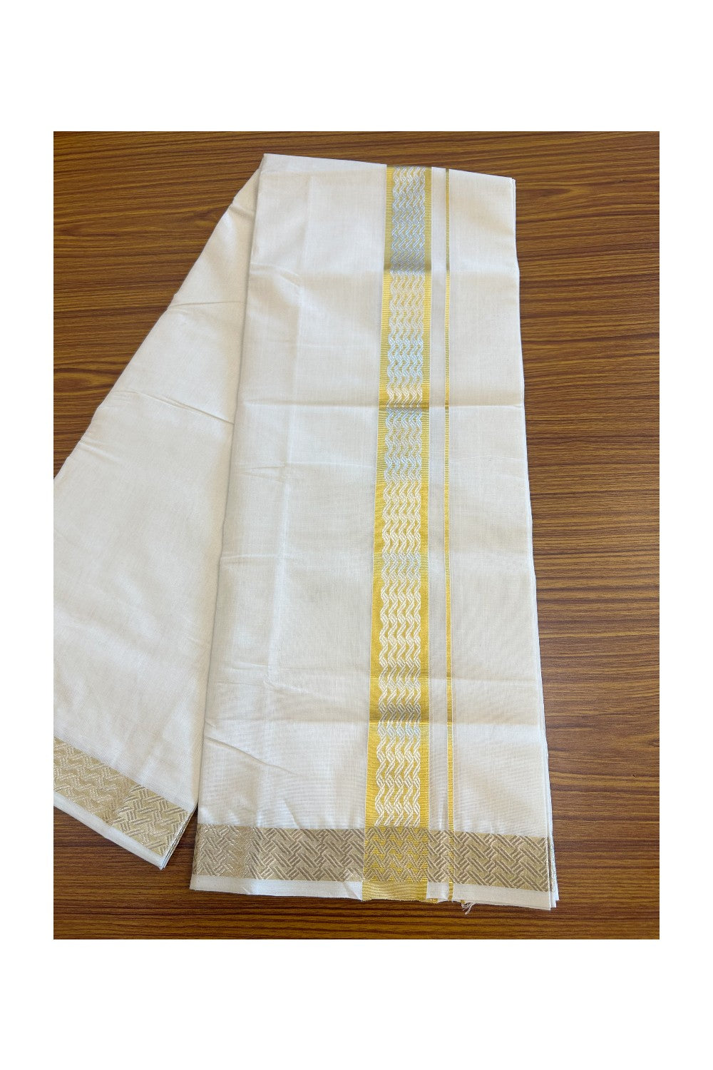 30% DISCOUNT ! KaithariKada HANDLOOM Unakkupaav Balaramapuram - 100% PURE Cotton Off White - (Unbleached) Double Mundu/Dhoti - 2.5 inch Gold Kasavu & Silver Design Kara - 6KK5107ABH