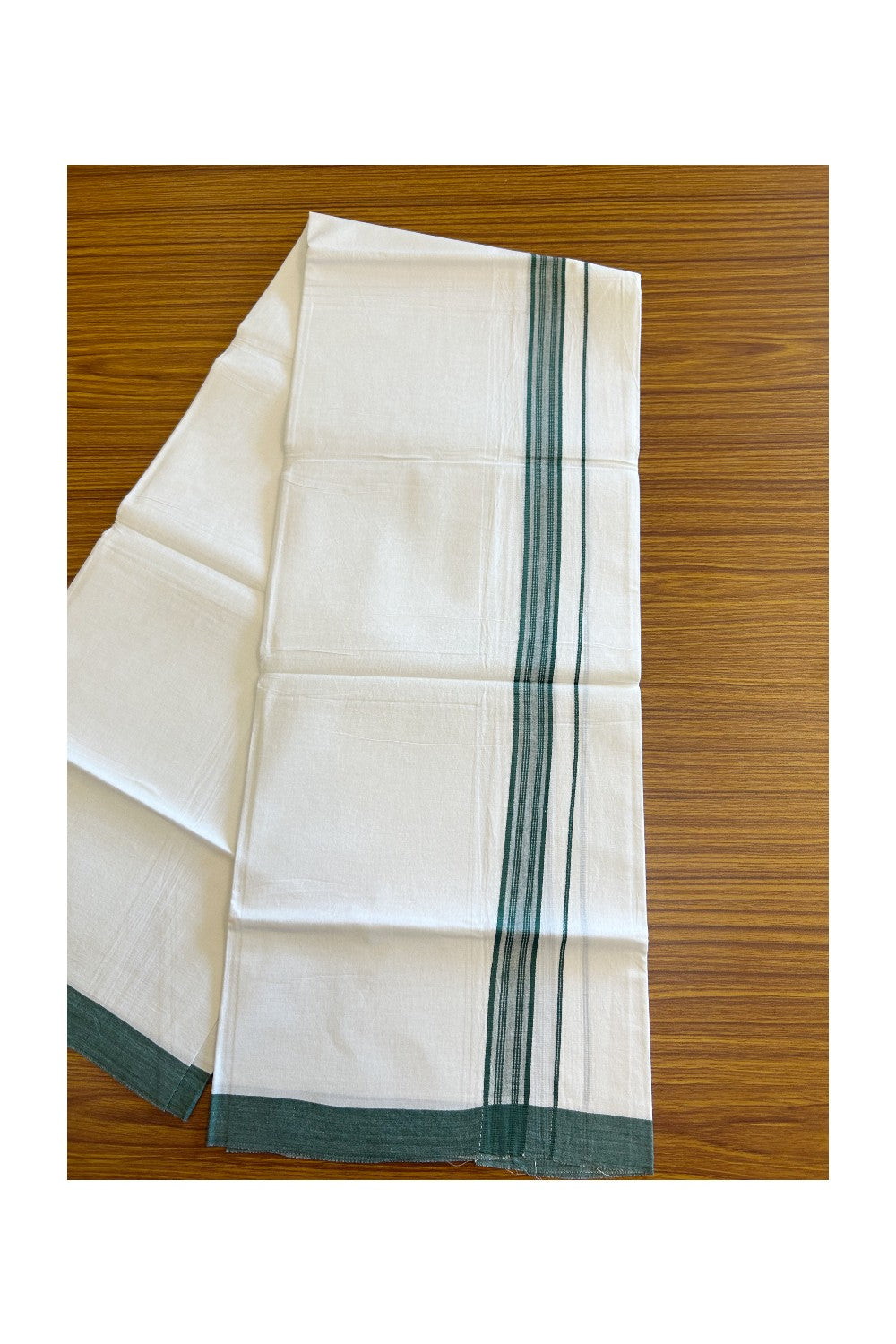 8% Discount ! Kaitharikada Balaramapuram 100% Cotton PURE WHITE SINGLE Mundu/Dothi- 1.75 inch Dark Green Striped Kara (2 meter / 4 muzham) - 6KK5018GAN