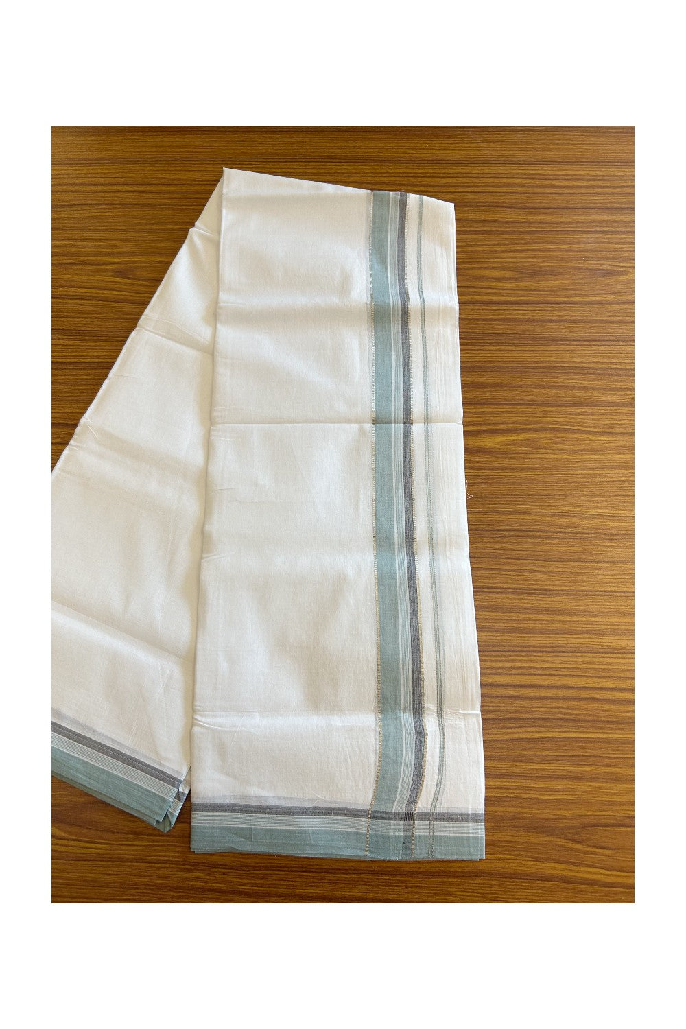 19% DISCOUNT!! Kaitharikada Balaramapuram 100% Cotton Ultra WHITE Double Mundu./Dothi-100x100 - 1.5 Inch Pestel Green & Black Silver Stripes Kara - 6KK5109THI