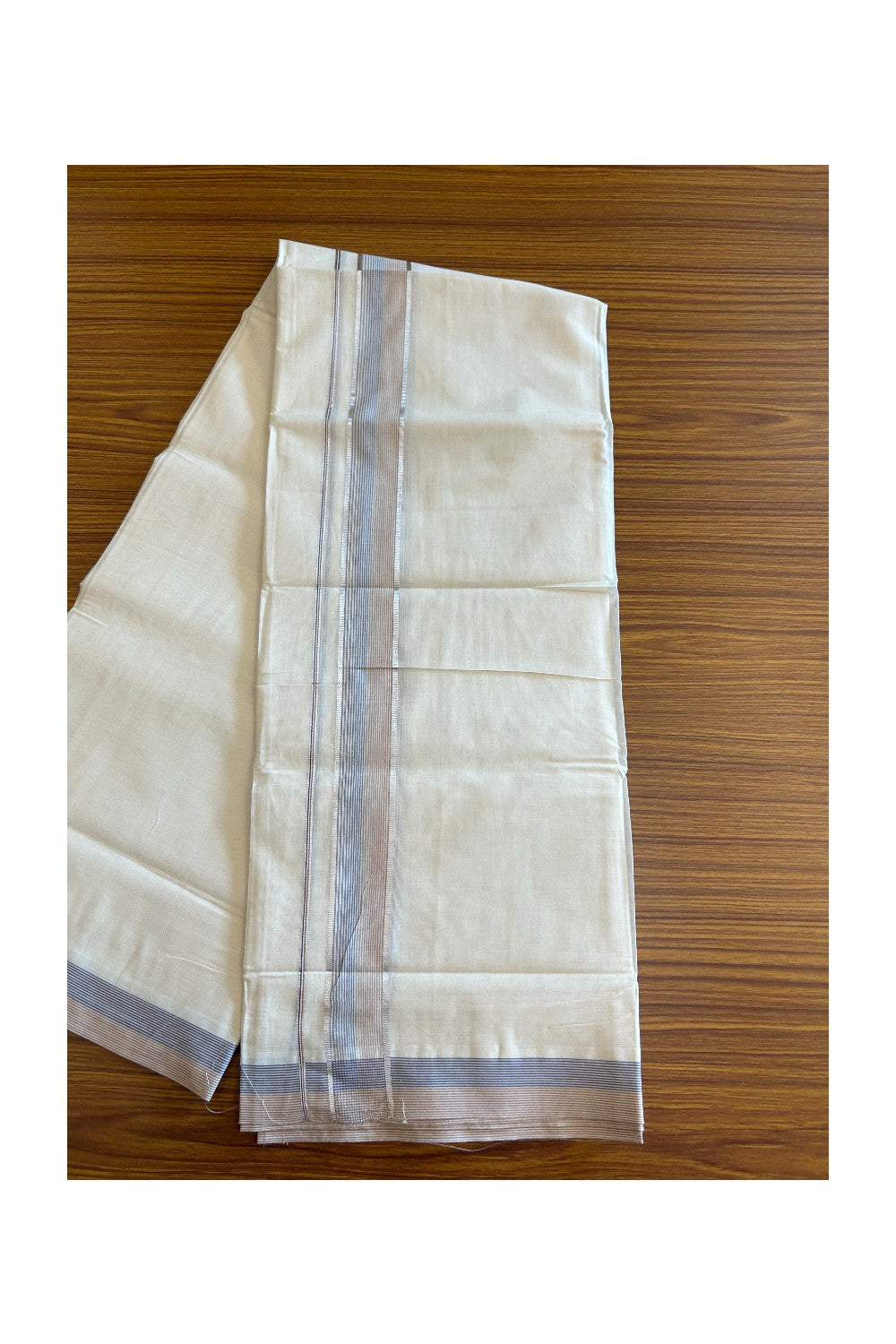 19% DISCOUNT! KaithariKada Balaramapuram 100% Cotton  Off white (Unbleached) Double Mundu/Dhoti-100x100 1.75 inch Silver Kasavu & Blue Brown Striped kara - 6KK5110THI