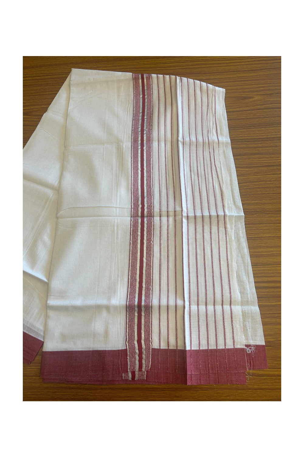 20% Discount !! KaithariKada Balaramapuram Double PURE WHITE Mundu/Dhoti- 100x80 - 7 inch Maroon & Silver Striped kara - 3.90 mtr - 6KK5112PMC