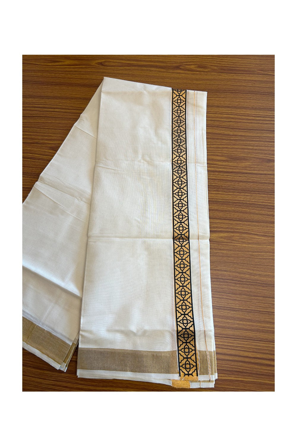 20% DISCOUNT ! KaithariKada Balaramapuram Mixed Cotton OFF White (Unbleached) Double Mundu/Dhoti - 80x80 Thread Mixed Cotton - 2 inch Gold kasavu & Black designer kara - 6KK5113PMC