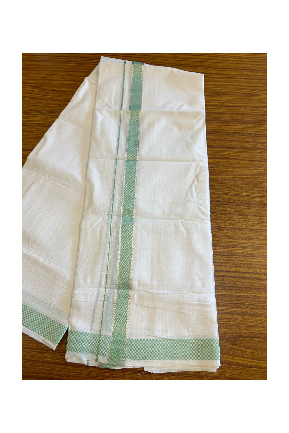 20% DISCOUNT! KaithariKada Balaramapuram 100% Cotton Double PURE white Mundu/Dhoti - 100x80 - 1.75 Inch Silver kasavu & Mint Green Check jacquard pattern Kara - 6KK5118PMC