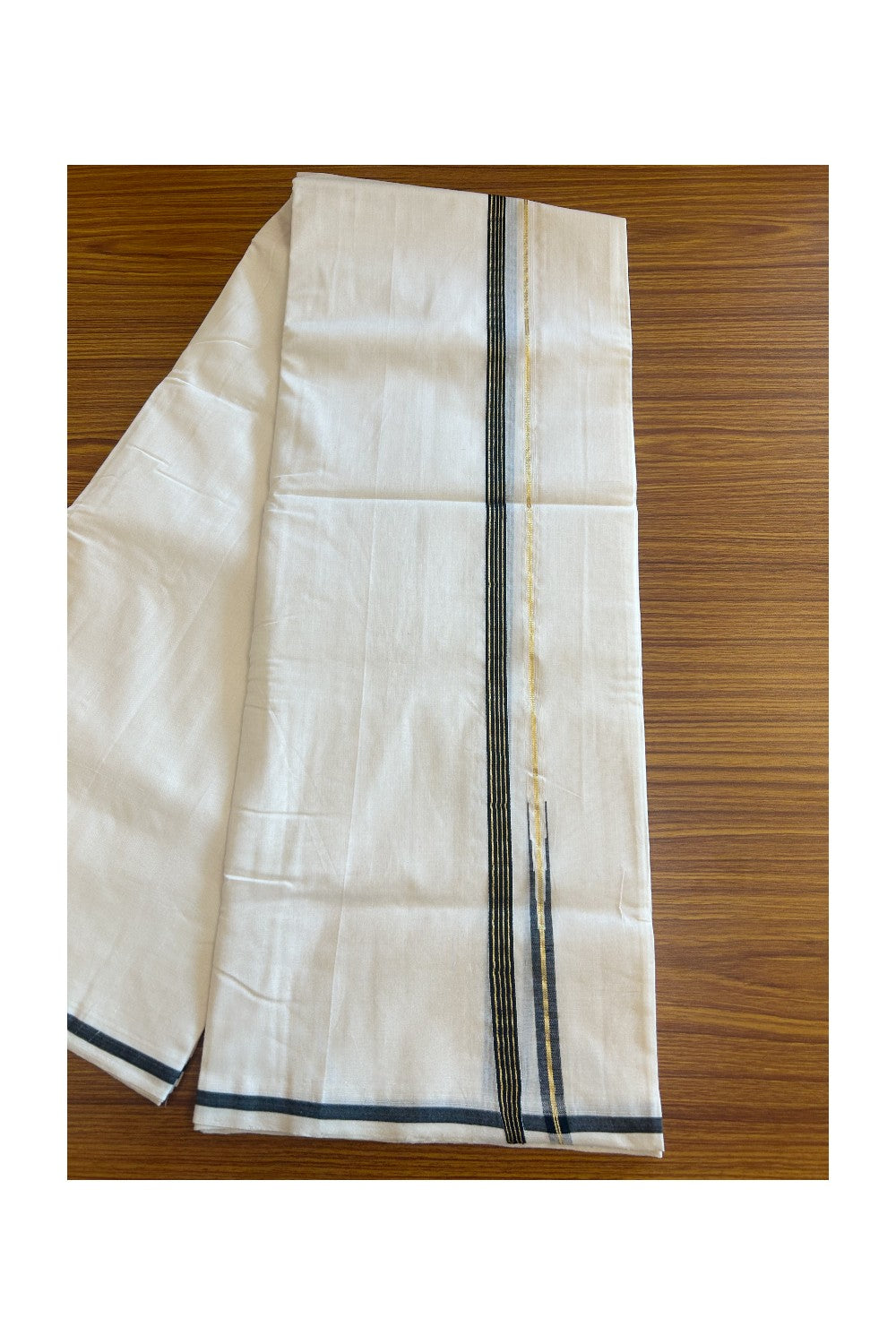 14% DISCOUNT!! KaithariKada HANDLOOM UNAKKUPAAV Balaramapuram - 100% PURE Cotton OFF White (Unbleached) Double Mundu/Dothi - Puliyilakkara kasavu BLACK GOLD Stripes chutty - 6KK5128YAR