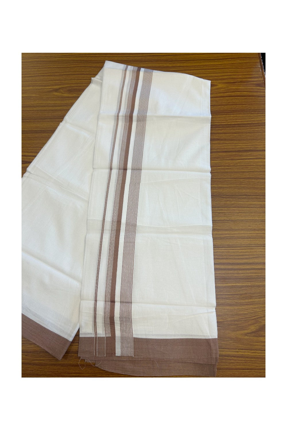 20% DISCOUNT! KaithariKada Balaramapuram 100% Cotton Double PURE white Mundu/Dhoti - 100x80 - 1.75 Inch Brown Striped Kara - 6KK5135GAN