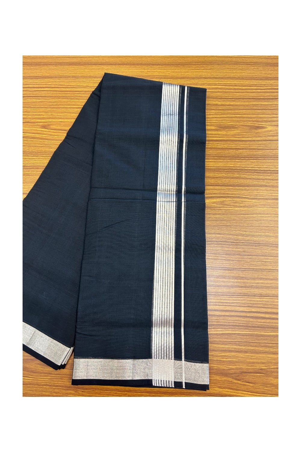 36% Discount! KaithariKada Handloom Unakkupaav Balaramapuram - 100% Cotton Double Mundu/Dhoti -100x100 - Black colour Body & 1.5 Inch Silver kasavu striped kara - 6KK5141ABH