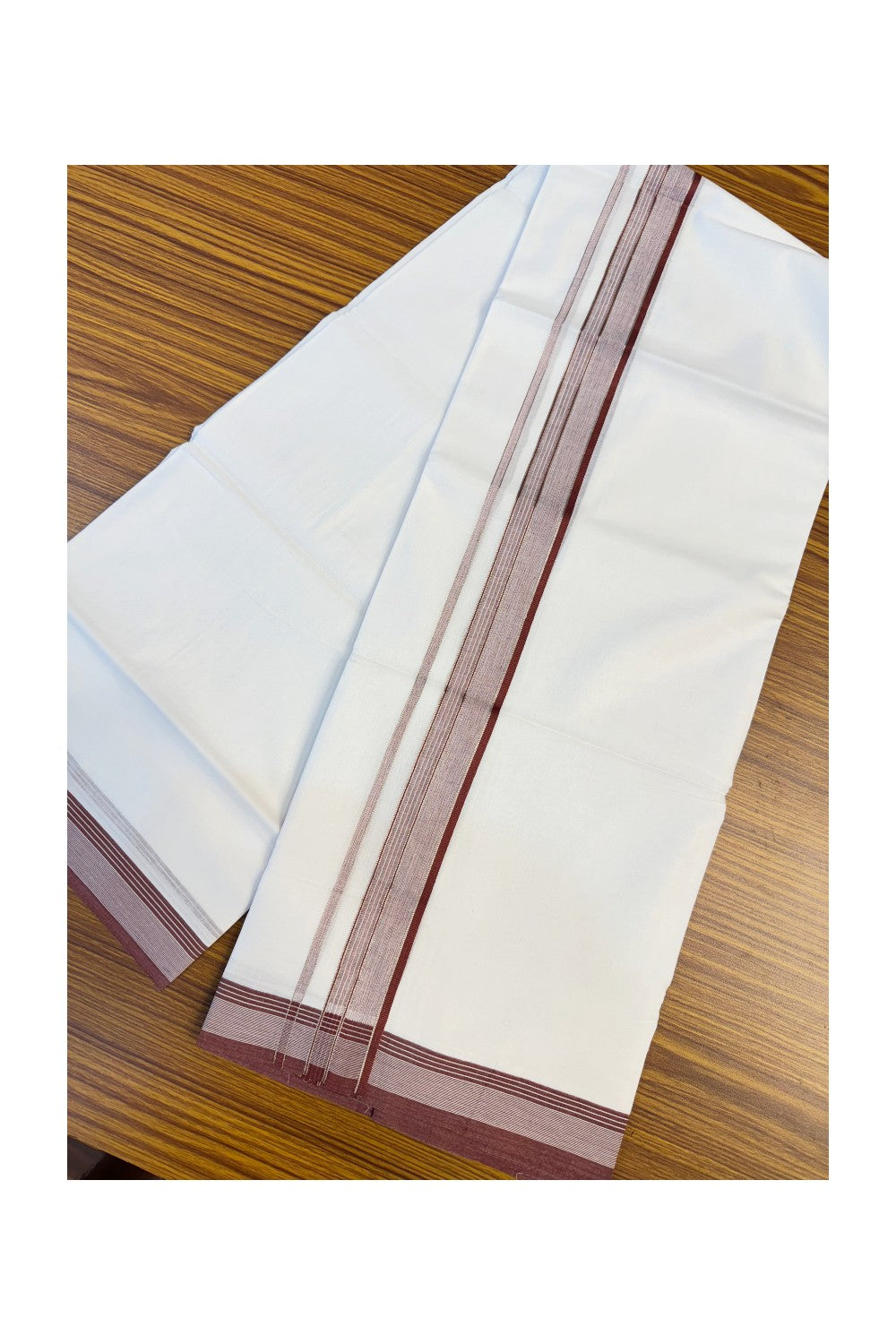 19% DISCOUNT!!! KaithariKada Balaramapuram 100% Cotton Double PURE white Mundu/Dhoti-100x100   2 Inch Silver kasavu white stripes & maroon shaded Kara  - 6KK83VIN