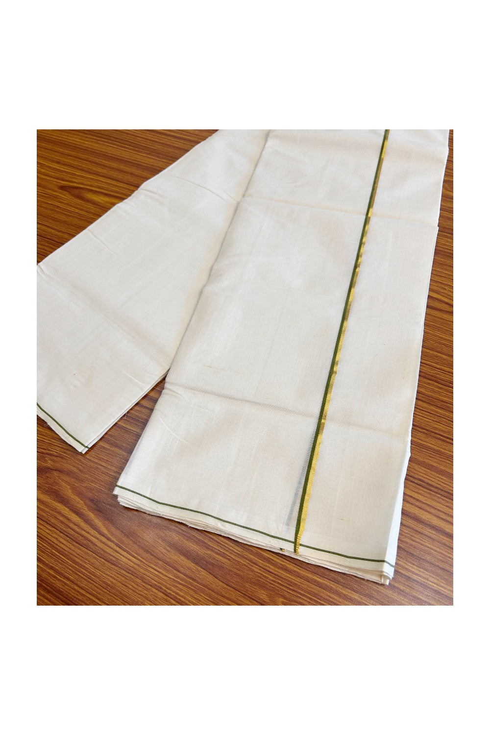 15% DISCOUNT!! KaithariKada HANDLOOM Unakkupaavu Balaramapuram - 100% PURE Cotton OFF White (Unbleached) Double Mundu/Dothi -  SAGE GREEN KASAVU STRIPED 0.75 cm Kara- KK48AKH-6.