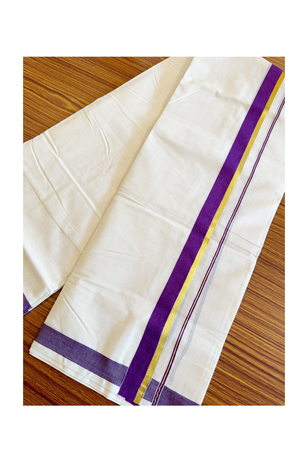 10% Discount! KaithariKada Balaramapuram 100% Cotton Off White Double Mundu/Dhoti-80x72 VIOLET & KASAVU - 6KK57VIN