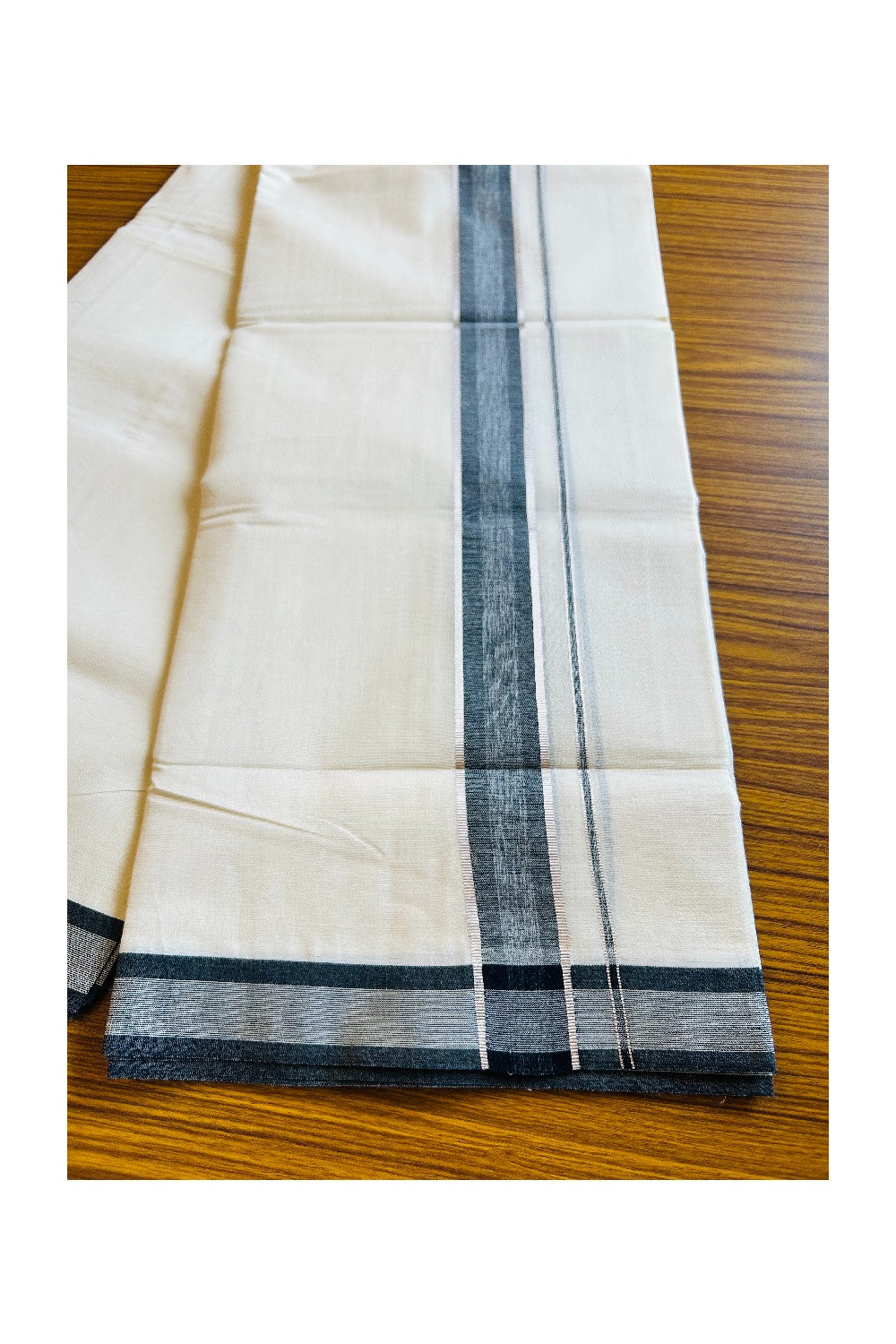 18% DISCOUNT!!! KaithariKada Balaramapuram 100%  Cotton off white Double - (Unbleached) Mundu/Dhoti - 100X100   Black & Silver stripes kara - 6KK401VIN