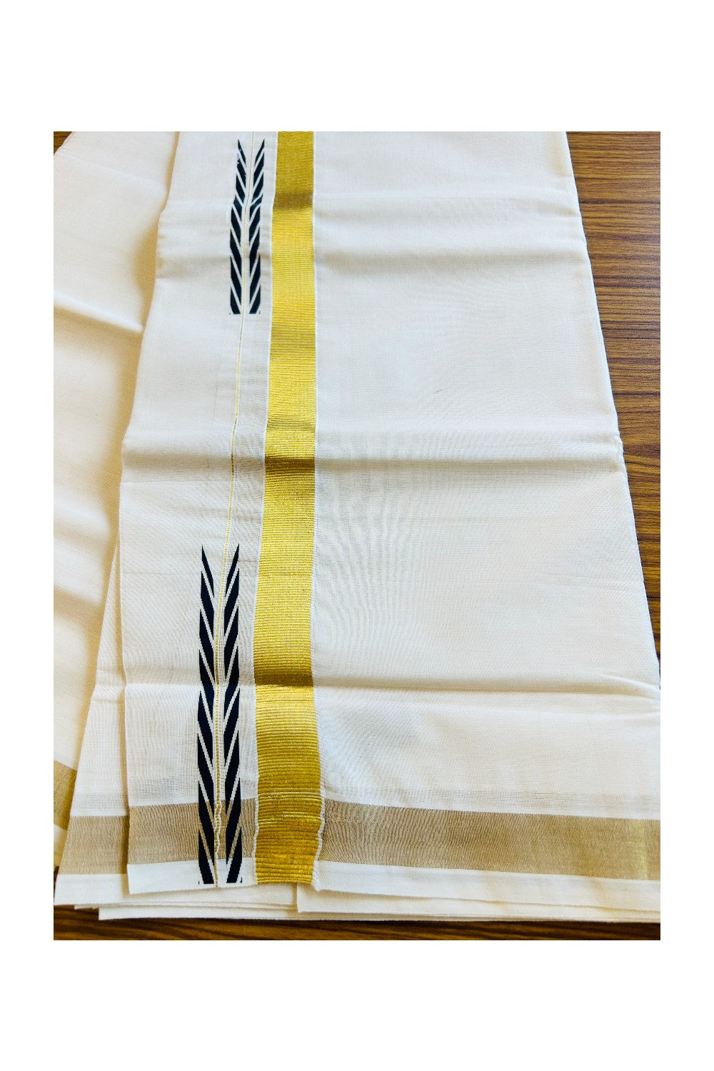 15% DISCOUNT!!! KaithariKada Balaramapuram 100%  Cotton off white Double  Mundu/Dhoti - 80X72  GOLD KASAVU & Black CHUTTY Kara - 6KK402VIN