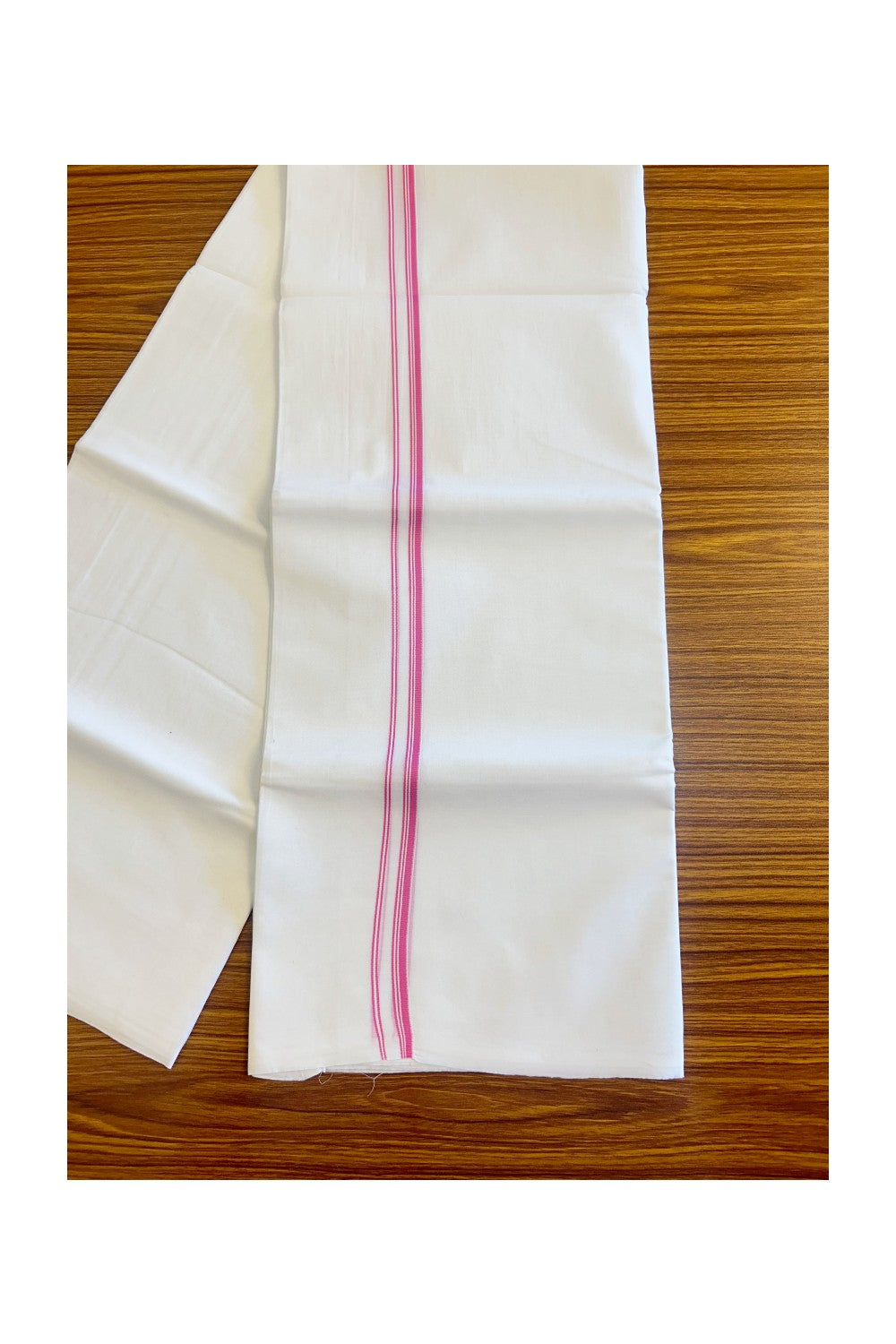 26% DISCOUNT ! KaithariKada Balaramapuram 100% Cotton Double Pure white Mundu/Dhoti-100X100 - Rose Pink & Stripes 2cm Kara.- 6KK406ASH