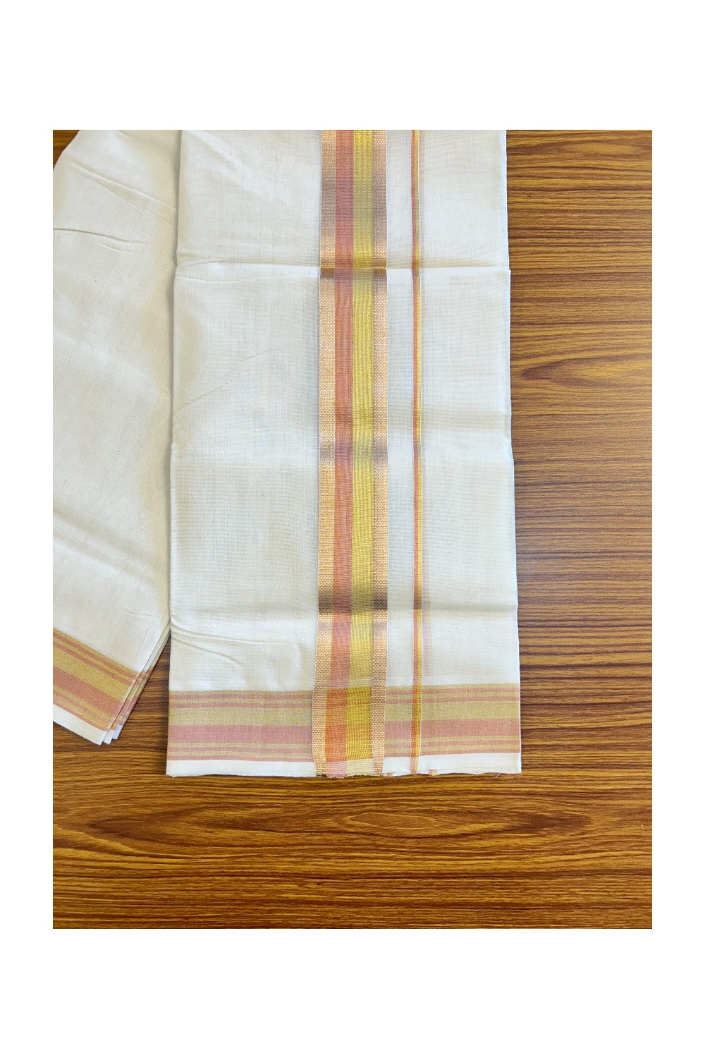 18% DISCOUNT!! KaithariKada HANDLOOM Millpaav Balaramapuram - 100% PURE Cotton OFF White Double Mundu/Dothi - 3 inch Copper & kasavu kara - 6KK410RAM