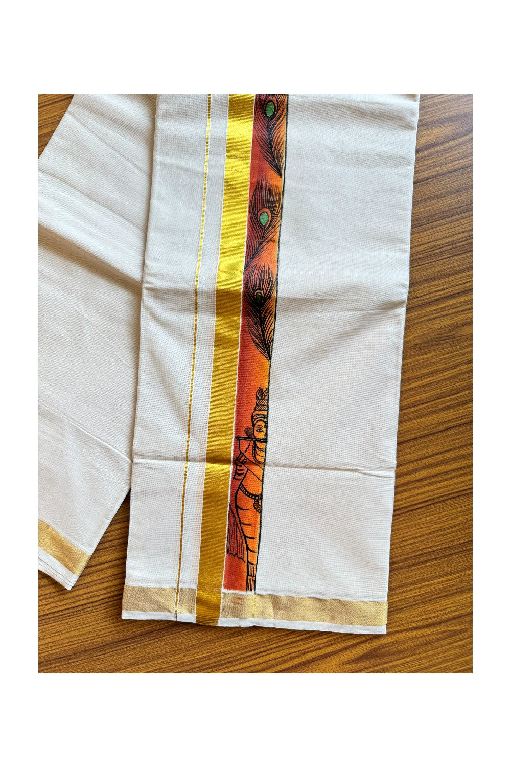 30% Discount! KaithariKada Balaramapuram 100% Cotton off white Double - (Unbleached) Mundu/Dhoti-80x72- Gold Kasavu HAND PAINTED Orange Peacock Feather and Krishna 2.75 inch Kara - 6KK424CEE