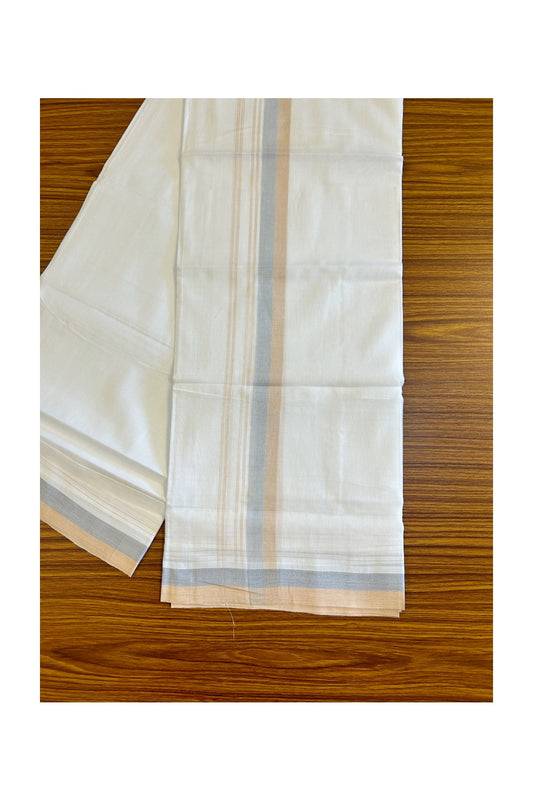 26% DISCOUNT!!! KaithariKada Balaramapuram 100% Cotton PURE white Double Mundu/Dhoti-100x90   2.25 Inch Sand Brown & Light Blue shaded stripes kara  - 6KK448VIN