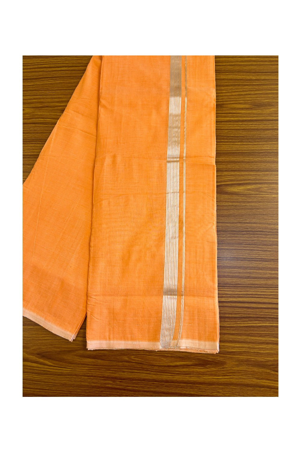 15% Discount! KaithariKada Handloom 100% Cotton Double Mundu/Dhoti - Orange Colour Body & Silver Striped 1.25inch Kara 3.94 mtr - 6KK452SOM