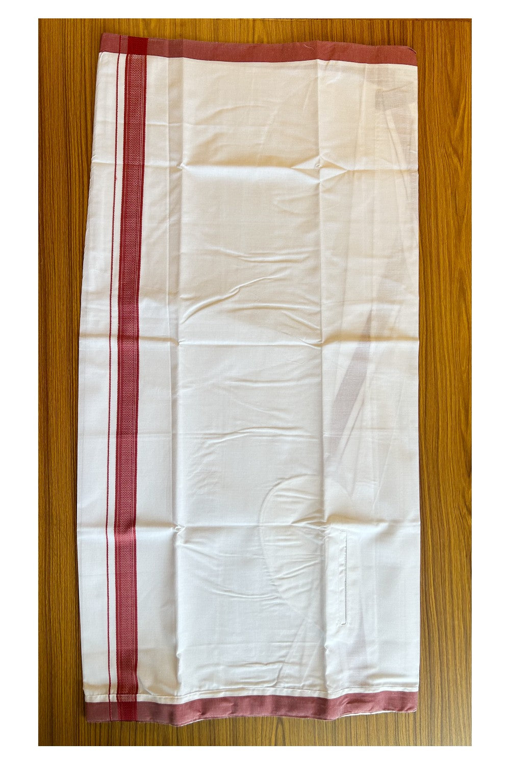 KaithariKada Balaramapuram  COTTON SINGLE PURE WHITE VELCRO Mundu/Dhoti - 1.75inch Brick Red kara - 6KK485SRI