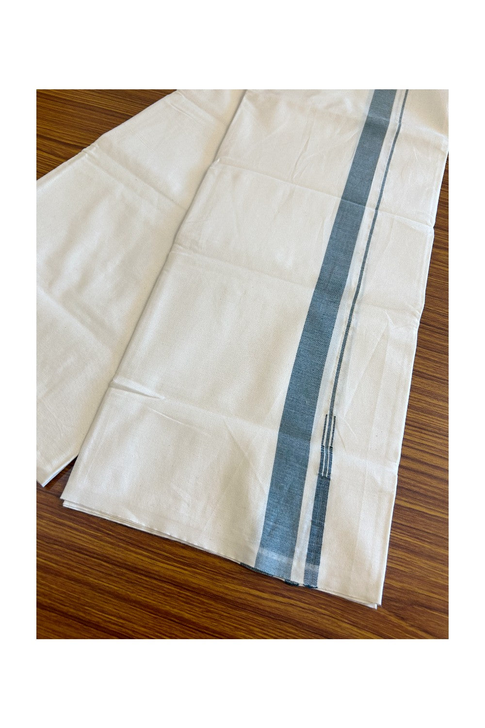 12% DISCOUNT ! KaithariKada Balaramapuram 100% COTTON SINGLE OFF WHITE Mundu/Dhoti-Twisted 100s Thread- 1.5 inch Green Puliyilakkara Chutty-6KK497ASH