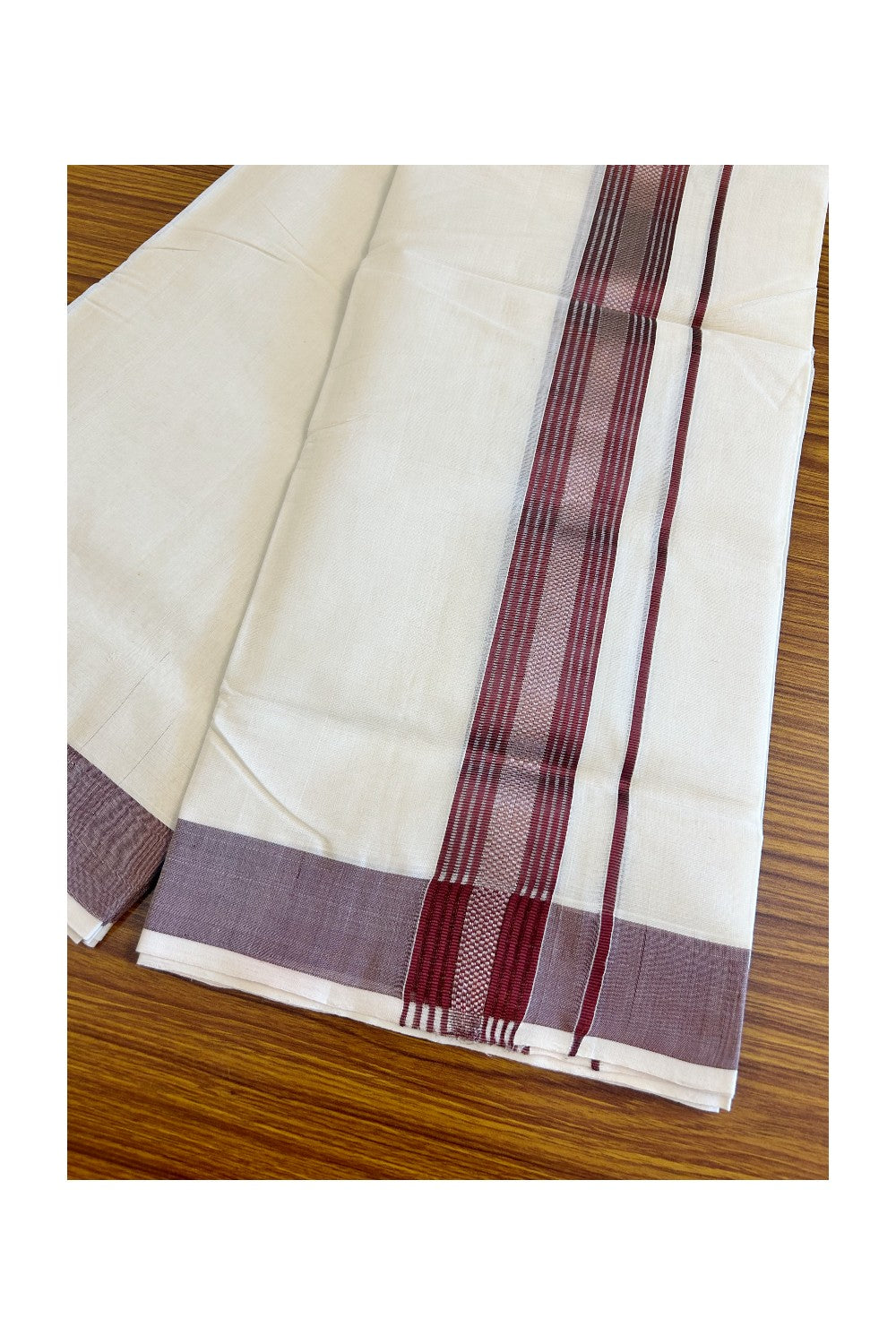 21% DISCOUNT!! KaithariKada HANDLOOM Millpaav Balaramapuram - 100% PURE Cotton OFF White Double Mundu/Dothi - 3 inch Dark MAROON & Silver kara - 6KK498KK