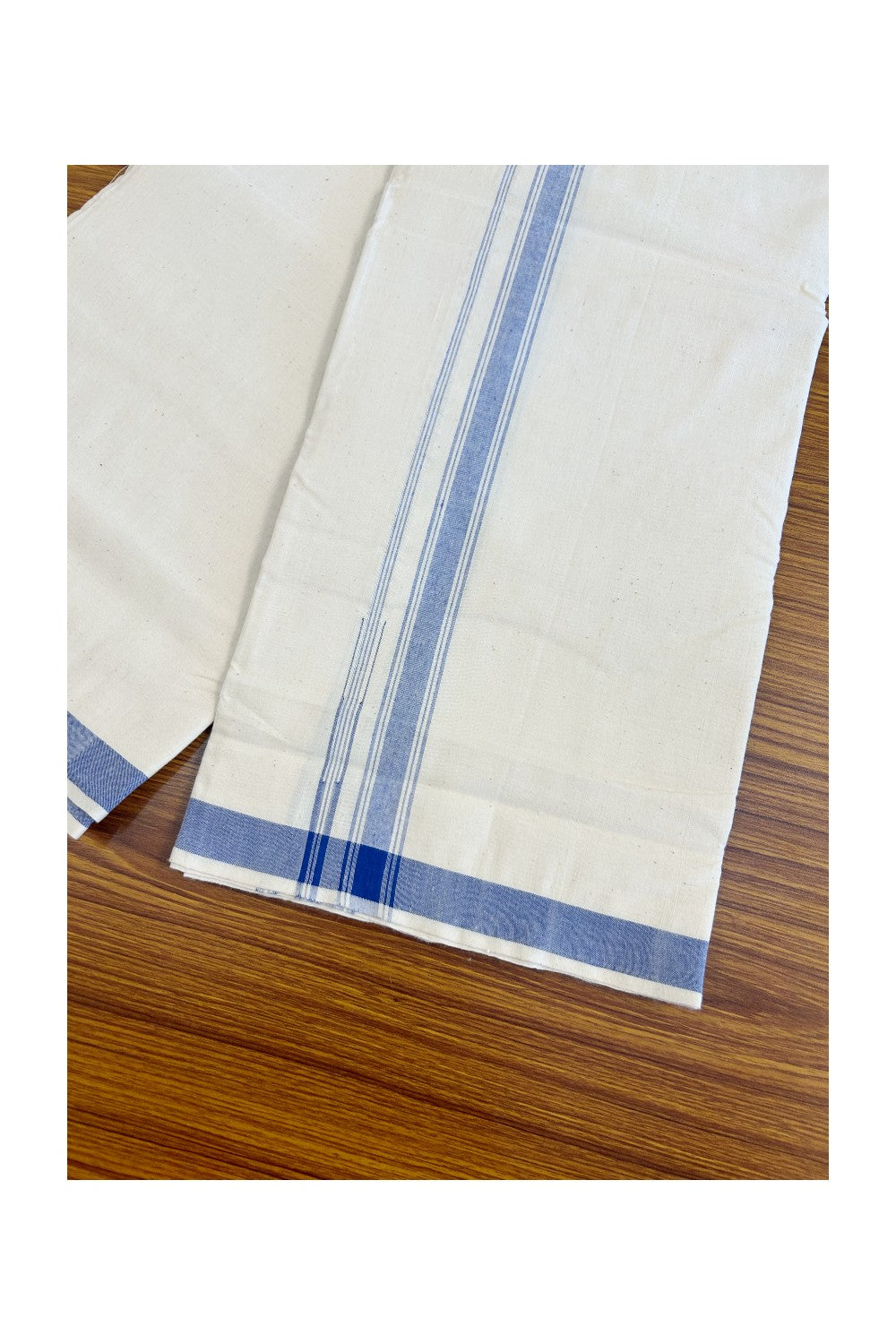 32% Discount KaithariKada 100% Cotton Balaramapuram HANDLOOM Single Mundu/Dhoti - Off White - (Unbleached) Puliyilakara Blue Striped Chutty Kara - 6KK499KK