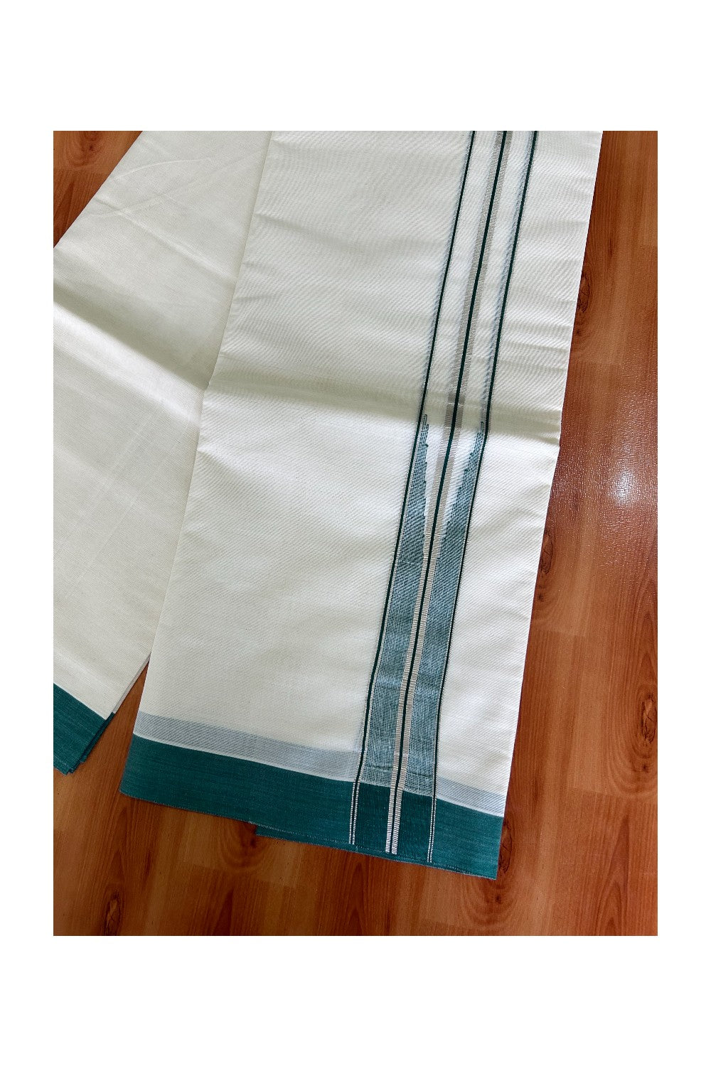 17% Discount !! KaithariKada Balaramapuram 100% Cotton off white - (Unbleached) Double Mundu/Dhoti - Puliyilakkara Green & Silver Big Striped Chutty kara - 6KK5003PMC