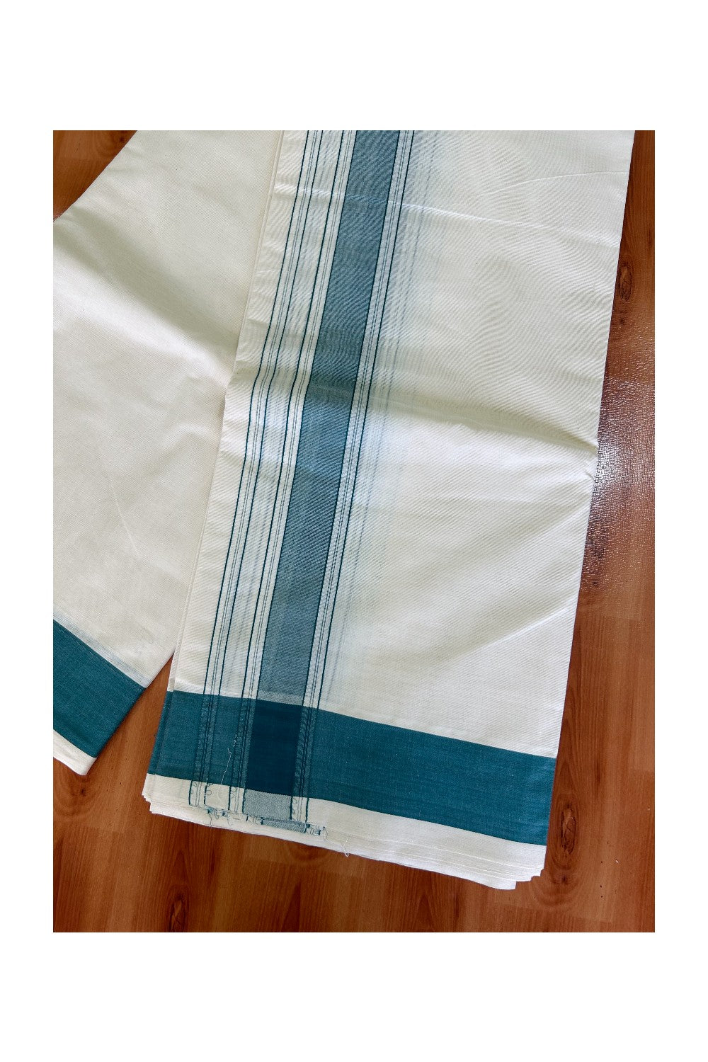 36% Discount KaithariKada 100% Cotton Off White - (Unbleached)- Pure Cotton - 100x 100 thread -  NORTH INDIAN  ATTACHED GAMCHA 9X5 Dhoti Teal Green STRIPED 2.65 inch  kara - 6KK5004PMC