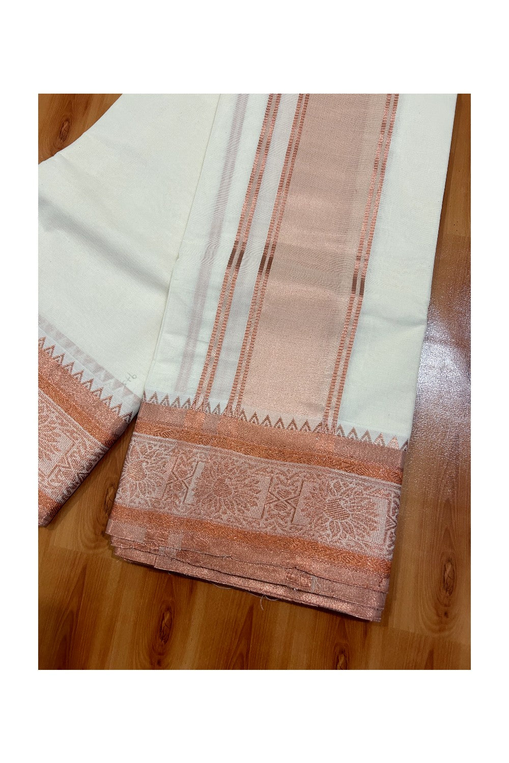 37% DISCOUNT! KaithariKada - Cotton Mix -  Off White - (Unbleached) - 80x80 thread- 80% Cotton & 20% Polyester - NORTH INDIAN - ATTACHED GAMCHA 9X5 Dhoti 5 inch Copper kara with Copper Design border  - 6KK5005PMC