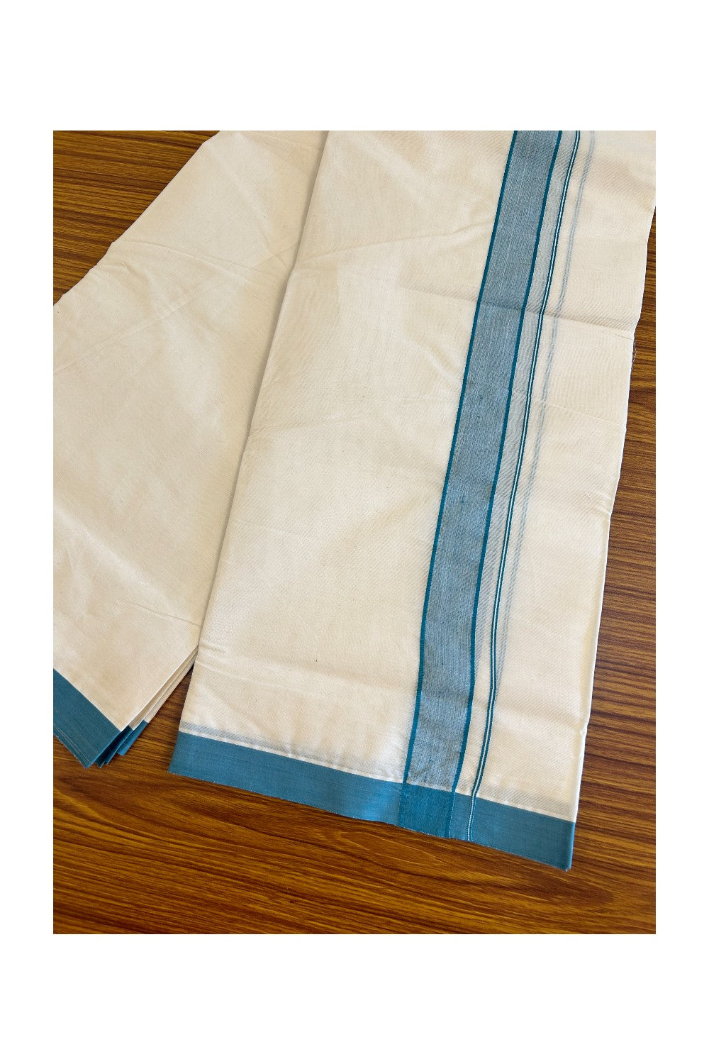 10% Discount KaithariKada Balaramapuram 100% Cotton Double Off white Mundu/Dhoti-100x100 2  inch Blue Green shaded Kara - 6KK500KK