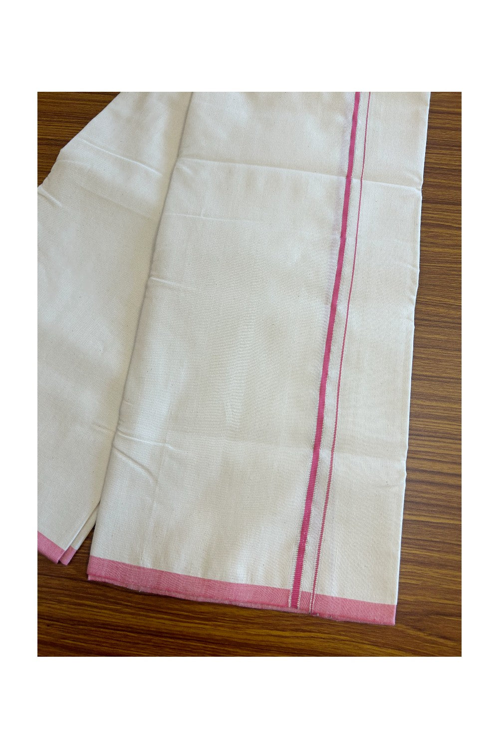 SIGNATURE KAITHARIKADA EXCLUSIVE SINGLE DHOTI - 100% Cotton Balaramapuram HANDLOOM Single Mundu/Dhoti - Off White - (Unbleached) 1.5cm Pink & Silver KASAVU Kara- 6KK5010KAI