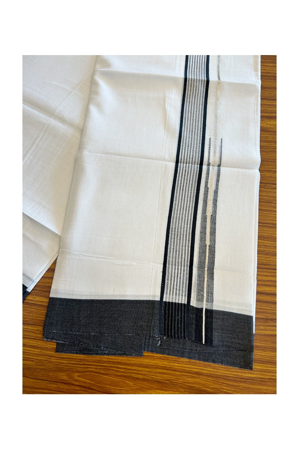 Kaitharikada  Balaramapuram 100% Pure Cotton PURE WHITE Double Mundu/Dothi - 80x92 - 1.5 Inch Black & Silver striped Chutty kara - 6KK5022VAN