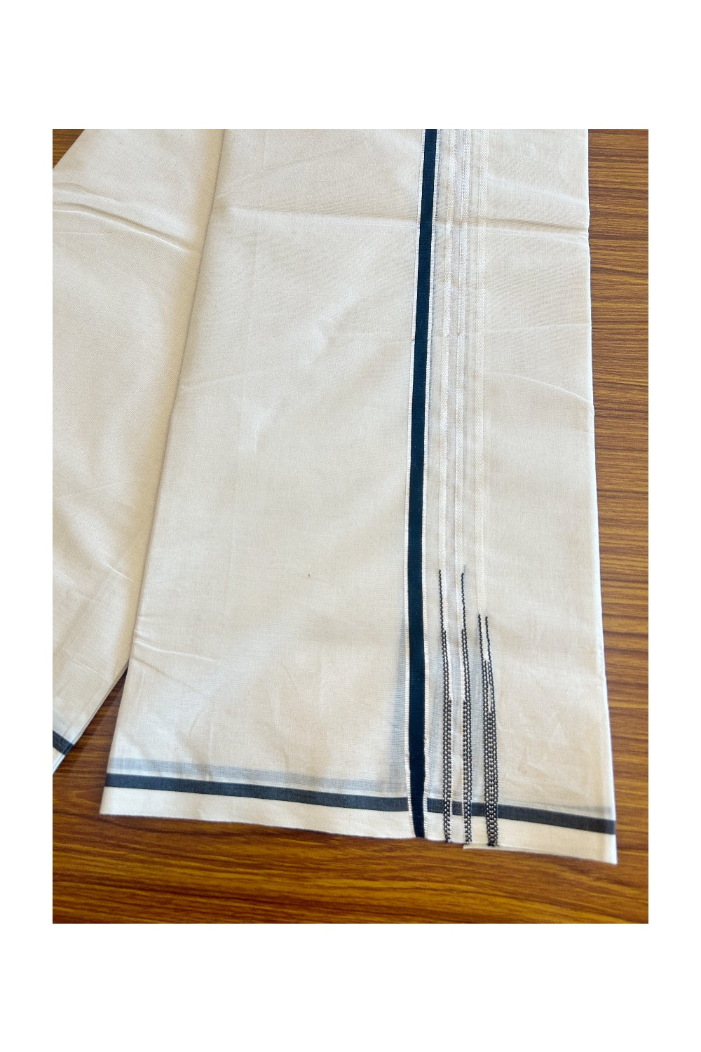 30% OFFER ! KaithariKada Balaramapuram 100% Cotton Double OFF WHITE - (Unbleached) Mundu/Dhoti-100x100  Puliyilakkara Chutty Black & SILVER Kasavu double chutty - 6KK5023ASH.