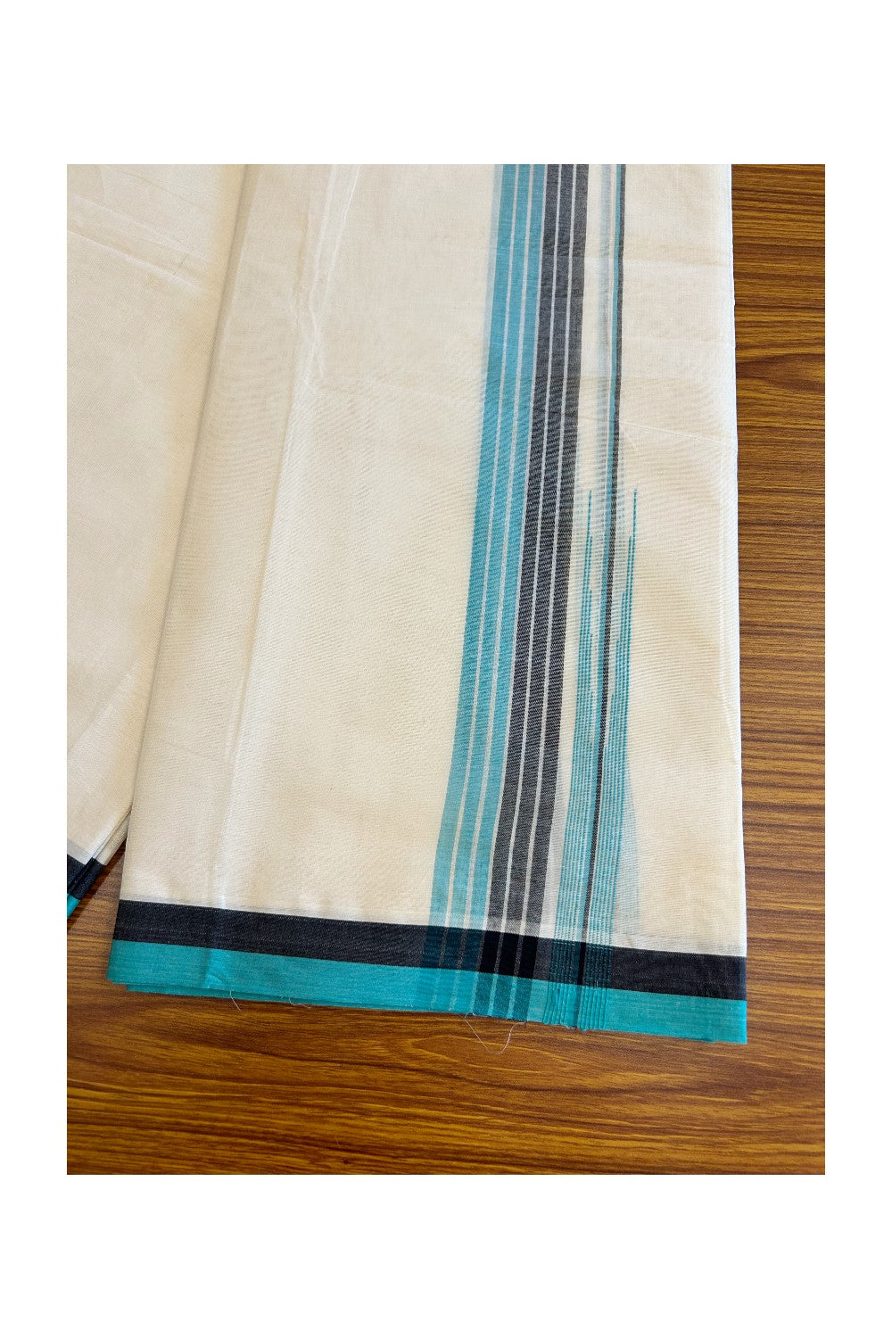 5% Discount!!! KaithariKada Balaramapuram  Double Off white - (Unbleached) Mundu/Dhoti - 80X90 - 1.75 inch Black Green Blue & Silver Striped puliyilakkara chutty Striped Kara- 20KK5037KAI