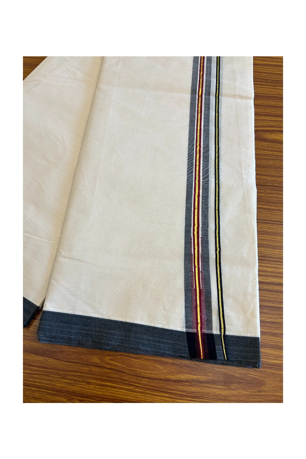 18% DISCOUNT!! Kaitharikada Balaramapuram 100% Cotton off WHITE Double - (Unbleached) Mundu/Dothi-100x100 1.75 inch Puliyilakkara Chutty Kasavu Black & Maroon Kara - 6KK5039ASH