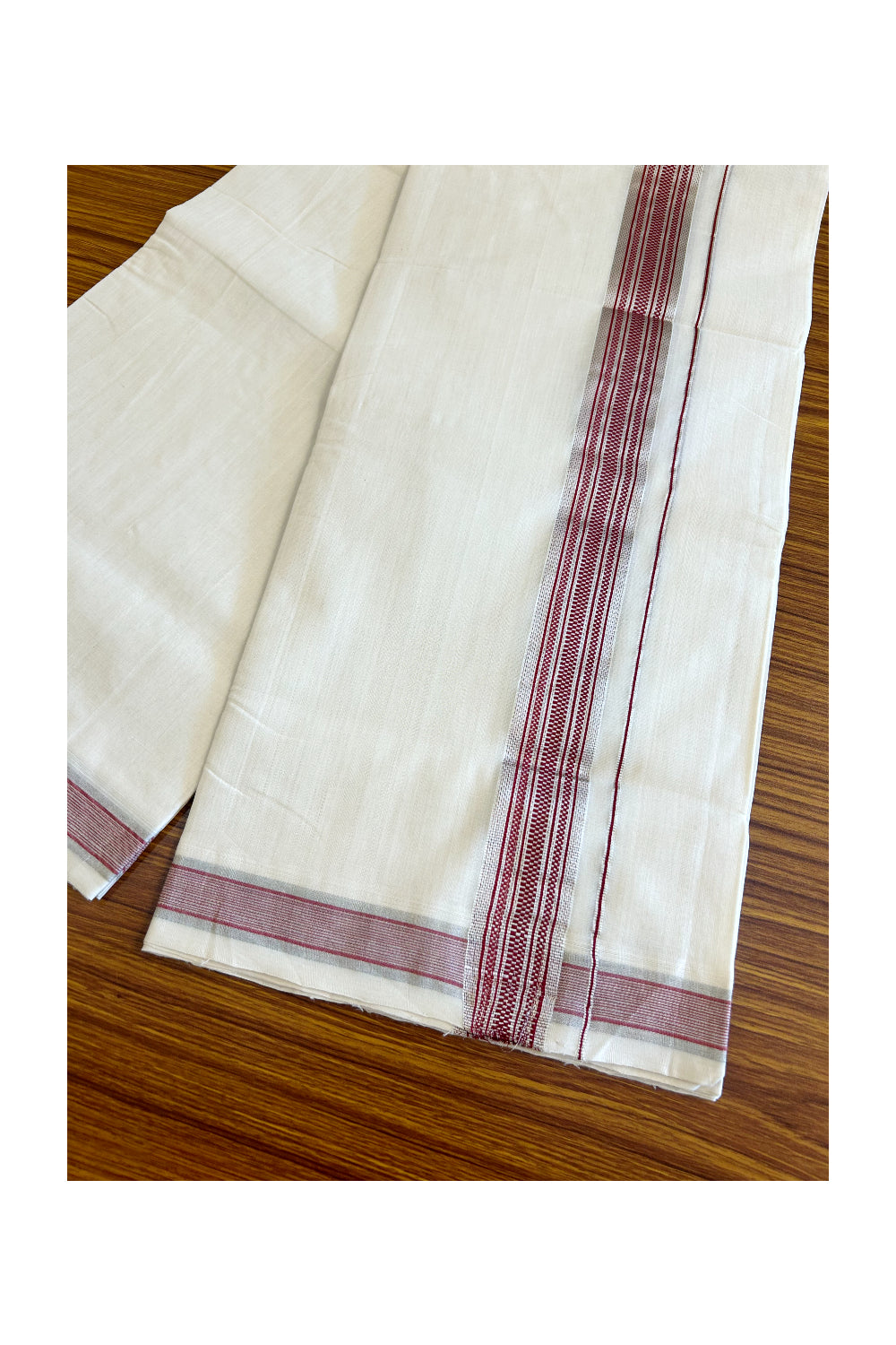 15% DISCOUNT! KaithariKada BALARAMAPURAM HANDLOOM UNAKKUPAAV - 100% PURE Cotton Double Mundu/Dhoti - 2.25 inch Silver Kasavu & Maroon Stripes Kara- 6KK503RAM