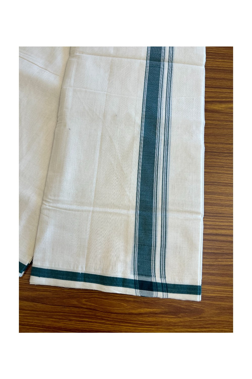 21% Discount KaithariKada HANDLOOM Unakkupaav Balaramapuram - 100% PURE Cotton off white (Unbleached) Double Mundu/Dhoti -1.75 inch Dark Green with stripes & Solid kara-166