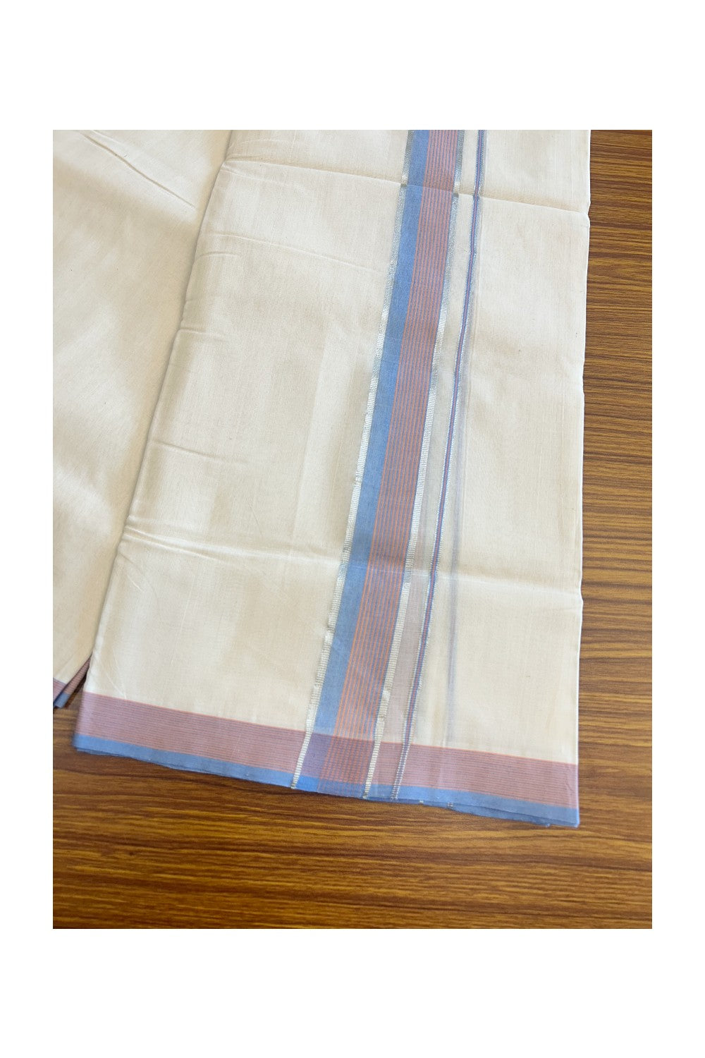 21% Discount KaithariKada HANDLOOM Unakkupaav Balaramapuram - 100% PURE Cotton Off white (Unbleached) Double Mundu/Dhoti - 2 inch  Blue+Pink-Orange Stripes & Silver kasavu - 140