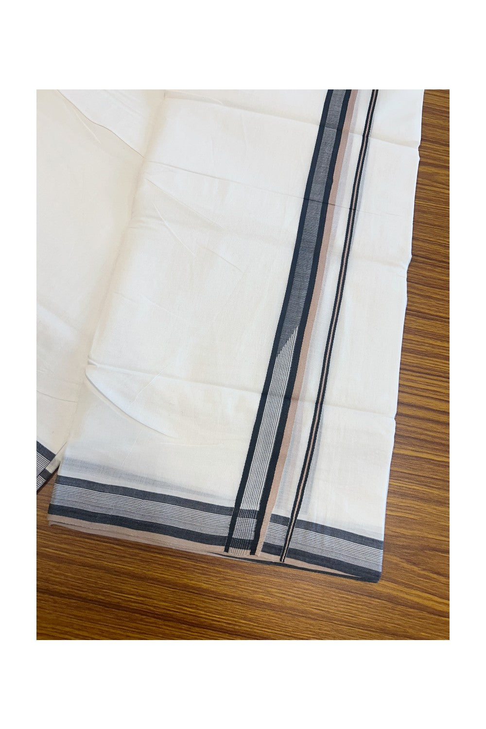 24% Disocunt! NEW PURE WHITE HANDLOOM UNAKKUPAAV Balaramapuram - 100% Cotton Double Pure White - Mundu/Dhoti - 100x100 1.25 inch BLACK & SAND BROWN Striped Kara 3.68 mtrs - 6KK5048REA