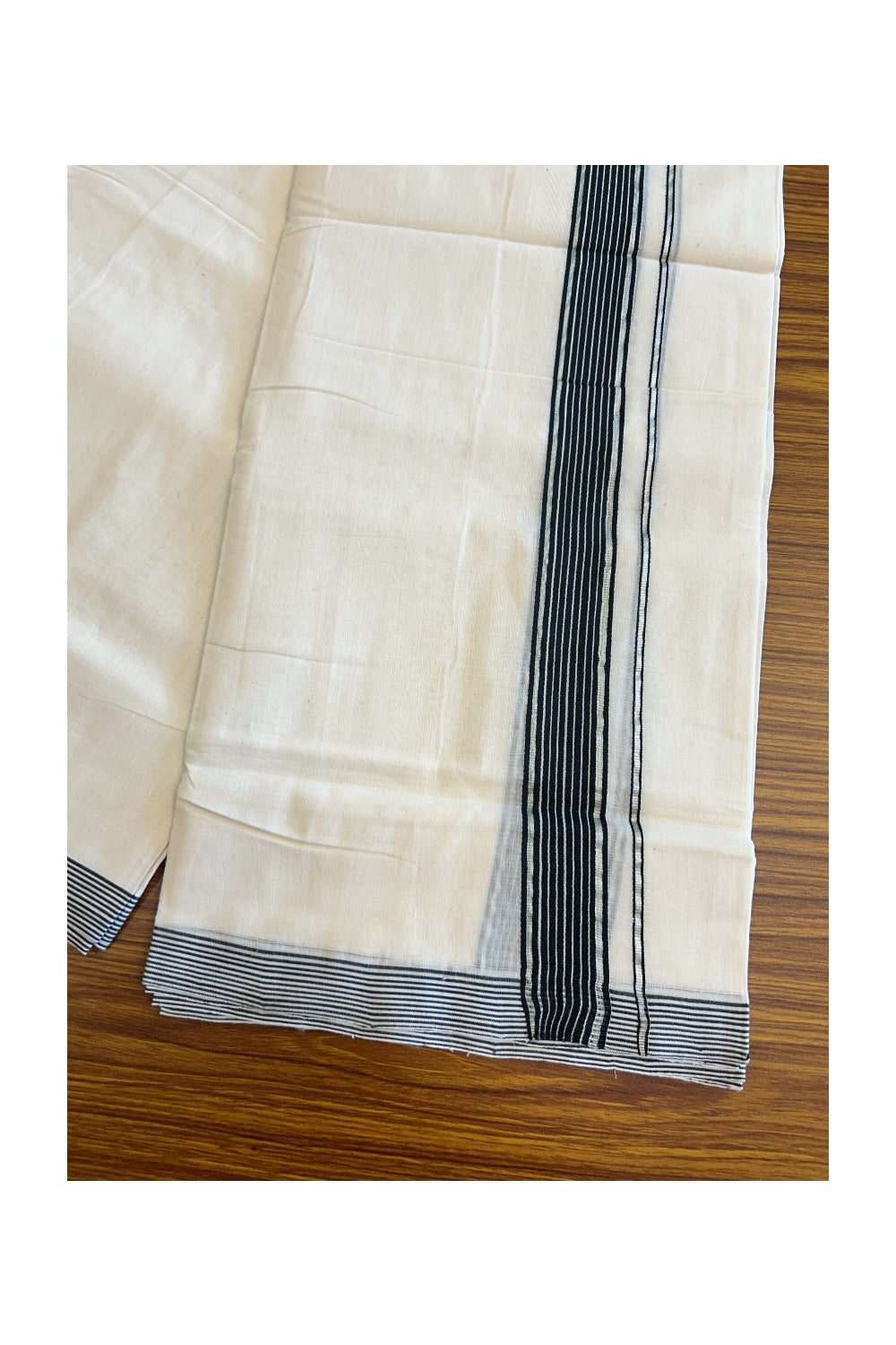 15% DISCOUNT! KaithariKada BALARAMAPURAM HANDLOOM UNAKKUPAAV - 100% PURE Cotton off white (Unbleached) Double Mundu/Dhoti - 2  inch Silver Kasavu & Black Stripes Kara-65