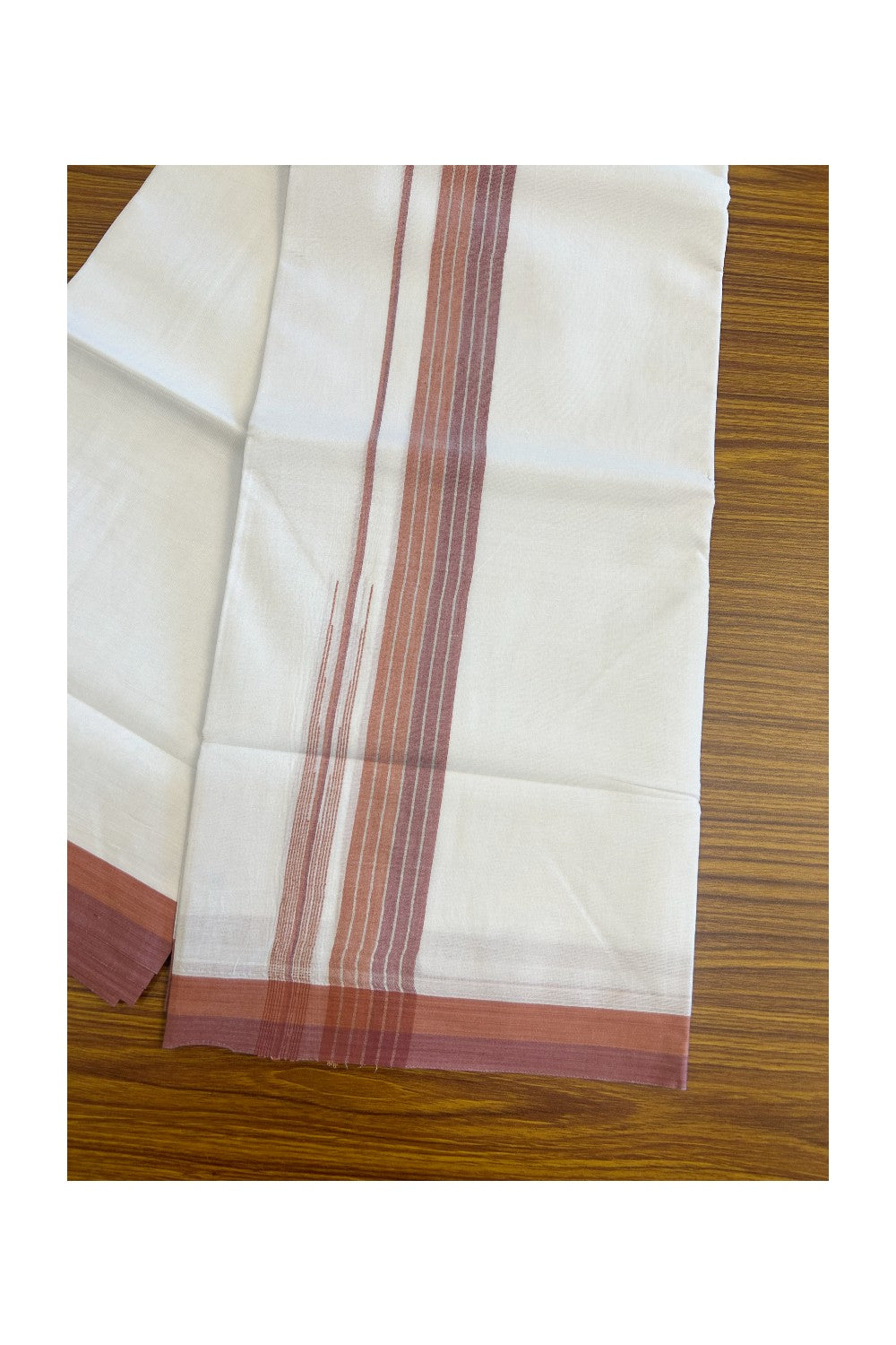 19% Discount!!! KaithariKada Balaramapuram  PURE WHITE Double Mundu/Dhoti - 80X90 - 2.25 inch Silver stripes Brick Orange & Light maroon  puliyilakkara striped chutty kara 3.85 meters - 6KK5058GUN