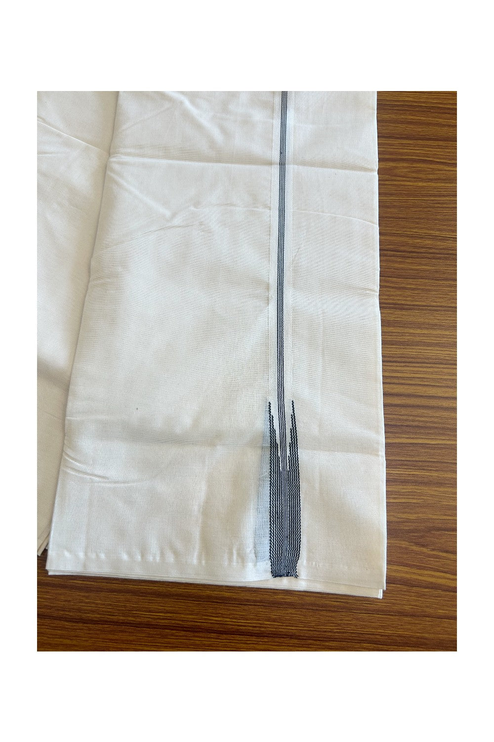 26% Discount! KaithariKada Balaramapuram 100% Cotton Double Off white - (Unbleached) Mundu/Dhoti-100X100- 4 LINE BLACK STRIPES 2 cm  Kara.- 14