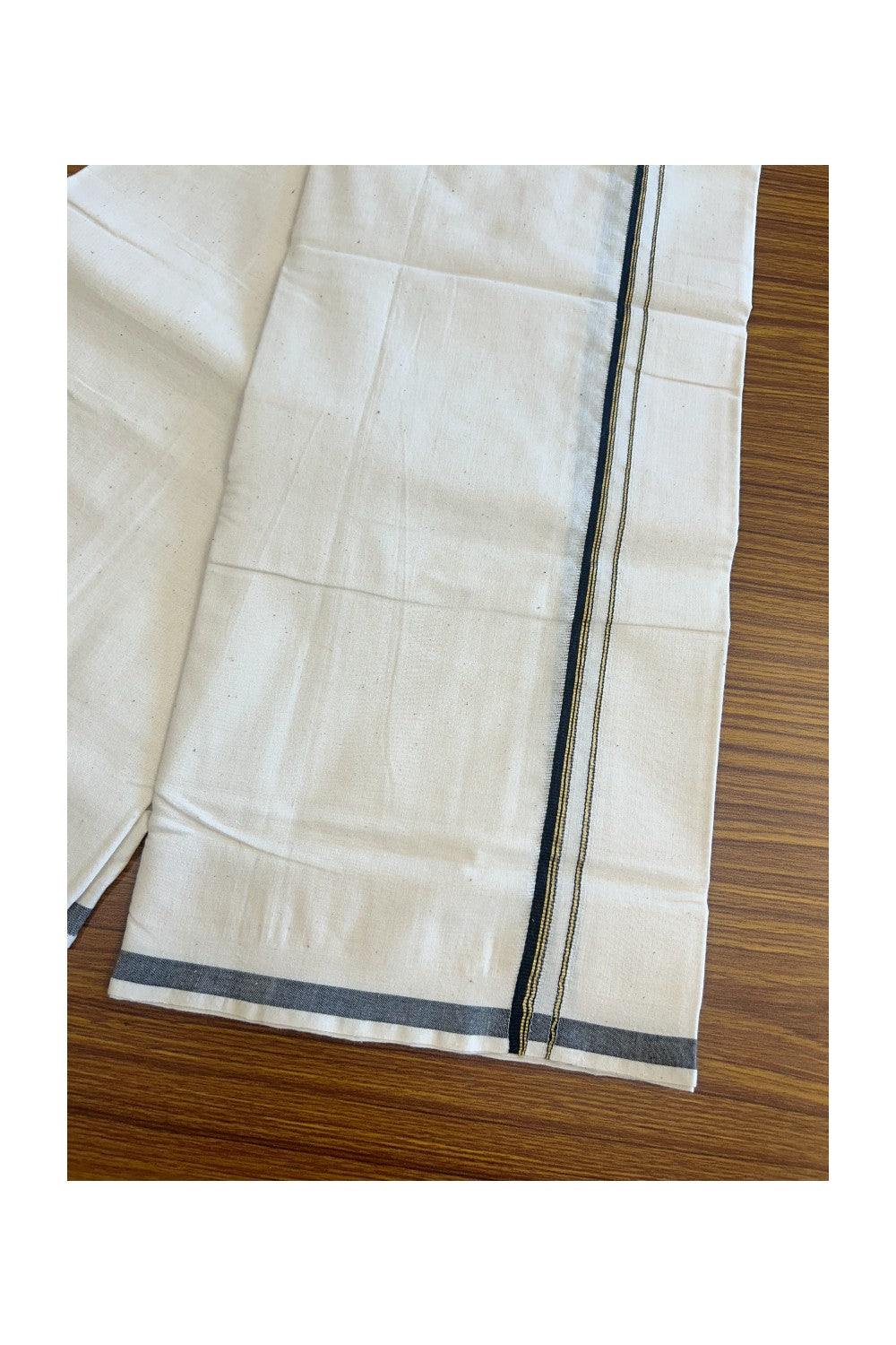 32% Discount ! KaithariKada 100% Cotton Balaramapuram HANDLOOM Single Mundu/Dhoti - Off White (Unbleached) 1.cm Black & kasavu stripes  kara -9