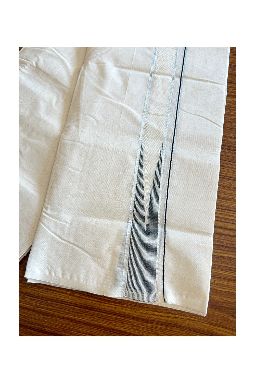 28% OFFER ! KaithariKada Balaramapuram 100% Cotton Double OFF WHITE - (Unbleached) Mundu/Dhoti - 100x100 - 2.25 inch Puliyilakkara Heavy Chutty Black Silver Stripes - 6KK5063KK