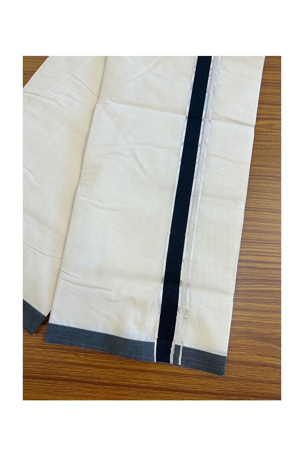 19% Discount ! KaithariKada Balaramapuram 100% Cotton Double Off white - (Unbleached) - Mundu/Dhoti-100X100 - 1.5inch Silver Kasavu & Black Kara.- 6KK5074ASH