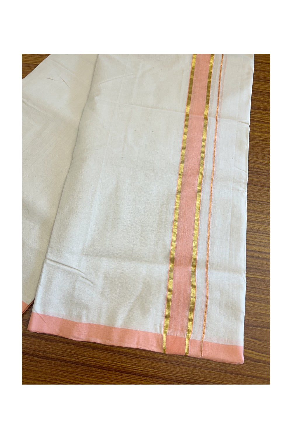 19% Discount !! KaithariKada HANDLOOM millpaav Balaramapuram - 100% PURE Cotton OFF White Double - (Unbleached)  Mundu/Dothi - 2.25  inch Kasavu & Peach Kara 4.5 Meters (10 Muzham) - 6KK5081RAM